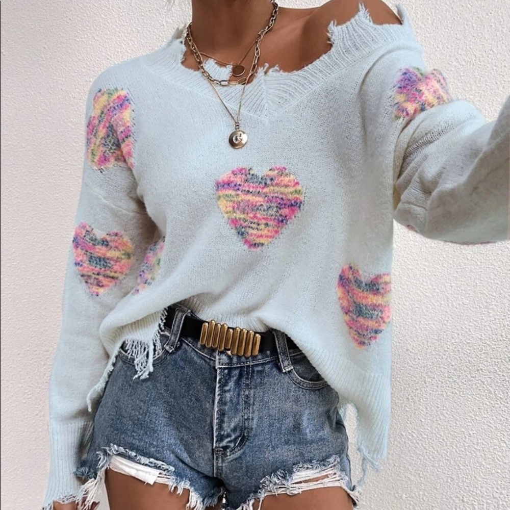 Boho hearts print v neck frayed hem sweater